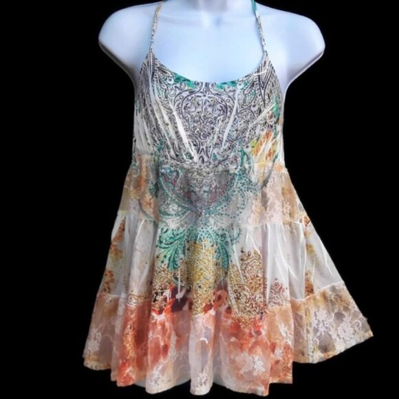 Vintage Y2K Babydoll S12 S Twelve Cami Tunic Top Embellished Tiered Lace USA L - Picture 3 of 6